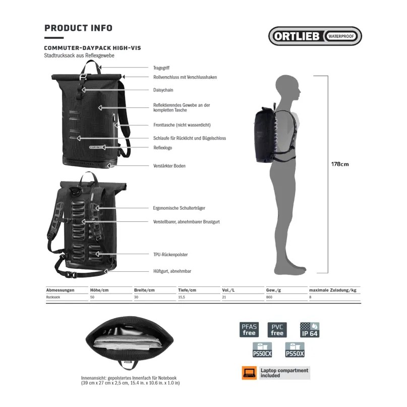 Commuter-Daypack High-Vis 21 l Freizeit-Rucksack schwarz