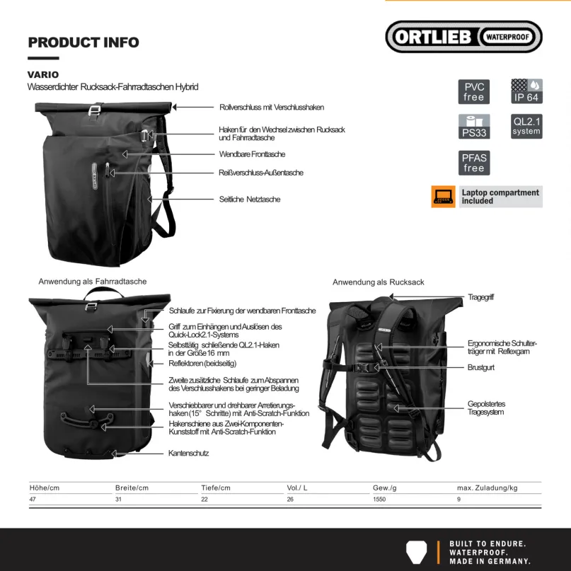 Vario Fahrrad-Packtasche/Rucksack blau